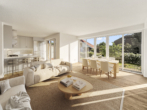 Wohnbereich mit offener Küche (digital möbliert) - Moderne Erdgeschosswohnung mit Garten in Pötenitz – strandnah zwischen Ostsee und Travemünde